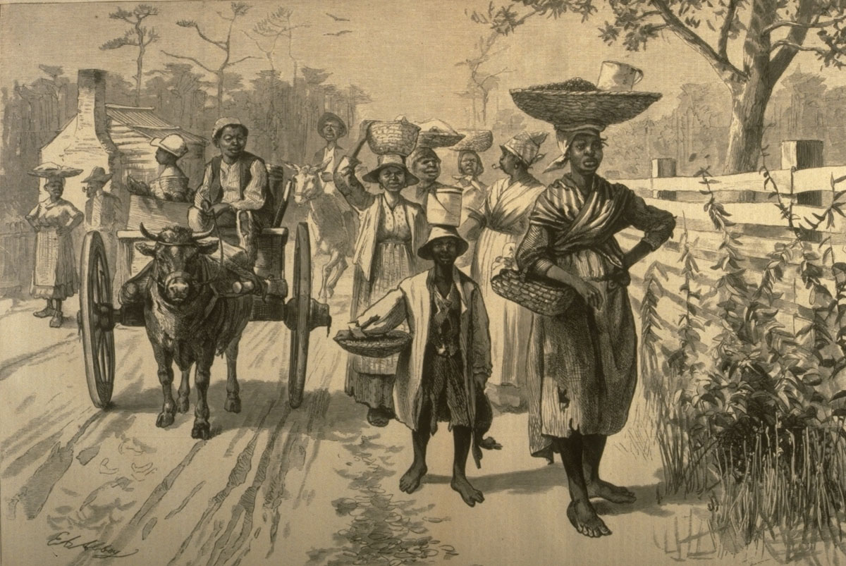 "Going to Market near Savannah, Georgia, 1875," Harper’s Weekly (May 29, 1875), vol. 19, p. 436. (Library of Congress, Prints and Photographs Division, LC-USZ62-43321), Image Reference NW0131 as shown on www.slaveryimages.org, compiled by Jerome Handler and Michael Tuite, and sponsored by the Virginia Foundation for the Humanities and the University of Virginia Library.